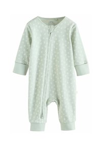 Ljusgrön babybody i mjukt tyg, med dragkedja framtill, långa ärmar och ett triangulärt mönster i vitt.