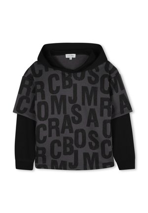 Grau und schwarzer Kapuzenpullover mit einem großen Textmuster in Schwarz, kurzen Ärmeln und einer kontrastierenden schwarzen Kapuze. Weicher Stoff, lockere Passform.