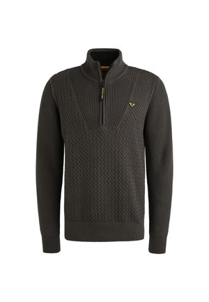 Pull en tricot gris foncé avec un col à zip quart, motif en diamant texturé, poignets et ourlet côtelés, arborant un petit logo sur la poitrine.