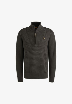 Pull en tricot gris foncé avec un col à zip quart, motif en diamant texturé, poignets et ourlet côtelés, arborant un petit logo sur la poitrine.