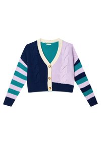 Gehaakte cardigan in navy, teal, paars en crèmekleurig, met een v-hals, knoopsluiting en gestreepte mouwen met kabelbrei-accents.