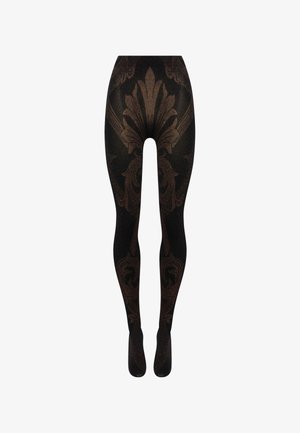Leggings noirs avec un motif floral texturé et brillant en or et brun. Fini lisse avec un design longue entière couvrant complètement les jambes.