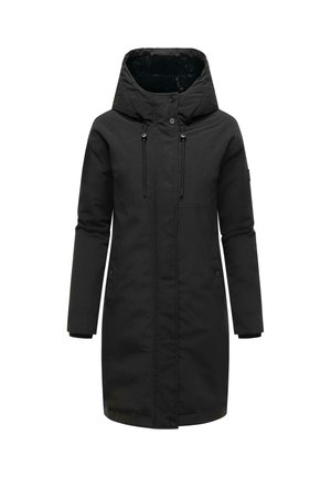 Parka noire avec capuche, cordons de serrage réglables, fermeture éclair et boutons, manches longues et longueur mi-cuisse pour plus de chaleur.