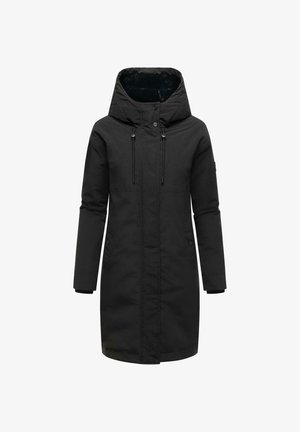 Parka nera con cappuccio, cordini regolabili, chiusura con zip e bottoni, maniche lunghe e lunghezza fino a metà coscia per maggiore calore.