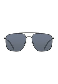 Occhiali da sole aviator neri con grandi lenti rettangolari, tintura grigio scuro, sottile montatura in metallo nero e naselli trasparenti.