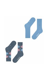Niebieskie bawełniane skarpetki, jedna gładka, a druga w niebiesko-różowy wzór argyle, charakteryzujące się miękką teksturą i logo marki na dole.