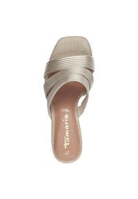 Open-toe sandal with intertwined metallic silver straps, cushioned footbed, textured insole, and a square toe design.