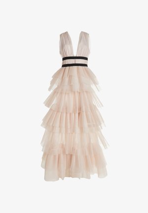 Pale pink tiered dress with pleated fabric, deep V-neckline, and black waist belt. Features multiple layers creating a flowing silhouette.