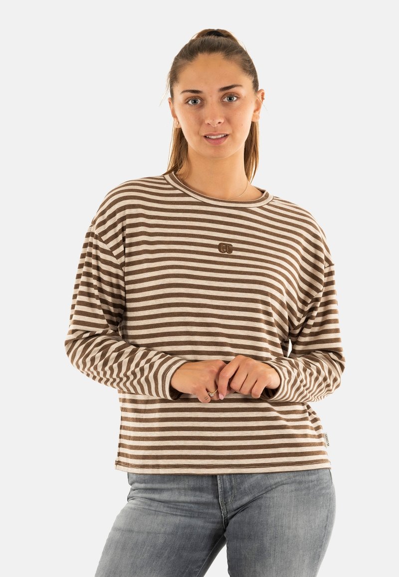 Camicia a maniche lunghe a righe in marrone chiaro e beige, con colletto tondo, vestibilità rilassata e un piccolo logo sul petto.
