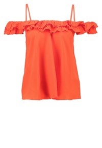 Off-shoulder orange topp med volangkrage, lätt tyg och justerbara spaghettiband, med en lös passform och slät textur.