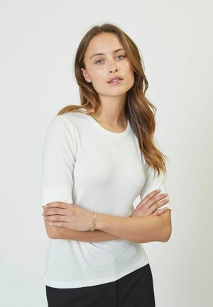White short-sleeve T-shirt with a rounded neckline and a subtle embossed logo on the front. Soft texture and fitted design.