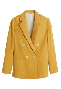Veste jaune croisée à double boutonnage avec un col cranté, deux poches avant, et des boutons de couleur claire en accent. Confectionnée en tissu lisse et structuré.