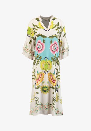 Robe longue kaftan avec col en V, manches larges, présentant de grands motifs floraux colorés en rose, jaune, vert et bleu sur un fond crème.
