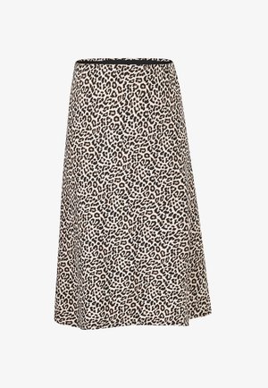 Lepel-gestreepte rok in beige en bruine tinten, gemaakt van zachte stof. Kenmerkt zich door een zwarte tailleband en een A-lijn silhouet.