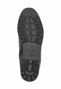 Black rubber shoe sole with a patterned tread, featuring distinct grooves and a logo. The design supports grip and stability.