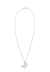 Collier en argent avec une chaîne délicate et un pendentif en forme de papillon orné de pierres claires et scintillantes. Design simple, texture légère.