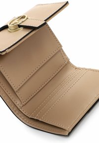 Beige leather wallet featuring a gold clasp, multiple card slots, and stitching details along the edges. Interior has a smooth texture.
