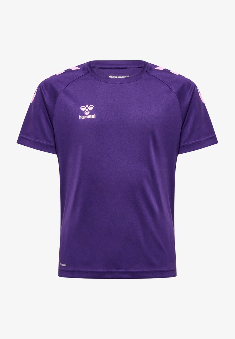 Lilla atletisk T-shirt lavet af glat, letvægtsstof med rund halsudskæring. Har lyserøde accenter på skuldrene og brandlogo.