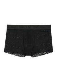 Schwarze Spitzenboxer mit einem festen schwarzen elastischen Bund. Detaillierte Spitzenstruktur bedeckt den Stoff und zeigt ein Blumenmuster an den Beinöffnungen.