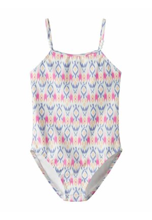 Mädchen-Einteiler-Badeanzug mit geometrischem Muster in Rosa, Lila und Beige und dünnen Schulterriemen mit weißen Perlendetails.