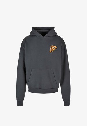 Hoodie gris foncé en mélange de coton, avec une poche avant et une broderie de part de pizza sur la poitrine gauche. Texture douce, coupe décontractée.