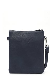 Marineblaue Ledertasche für die Schulter mit strukturierter Oberfläche, rechteckiger Form, Reißverschluss und verstellbarem Tragegurt.
