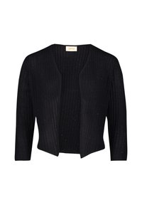 Gilet noir avec une texture côtelée, à l'avant ouvert et aux manches trois-quarts, avec des détails scintillants subtils.
