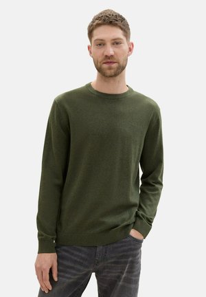 Suéter de cuello redondo verde oscuro hecho de material suave, con mangas largas y puños acanalados, que presenta un corte relajado y sin patrones visibles.
