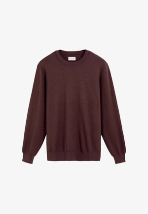 Dunkelbrauner, langärmeliger Crewneck-Pullover mit gerippten Kanten, weichem Material und lockerer Passform. Minimalistisches Design, keine sichtbaren Logos oder Muster.