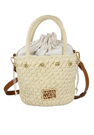 Bolso de mano beige tejido con asas cortas, bolsa de tela con cordón en el interior, cuentas decorativas y correa de hombro marrón desmontable.