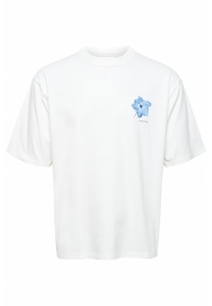 Fehér pamut póló rövid ujjakkal, elöl kék virág grafikával, alatta a "casual friday" felirattal.