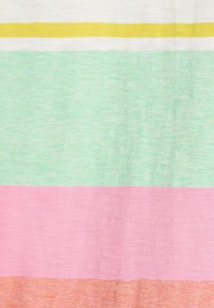 Vaaka kangasraidat keltaisessa, vaaleanvihreässä, pinkissä ja oranssissa, joissa on pehmeä, hieman teksturoitu ilme.