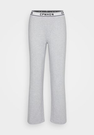 Grey sweatpants with a straight leg design and an elastic waistband featuring a decorative black logo band. Soft fabric texture.