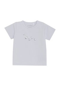 Lys grå t-shirt lavet af bomuld med korte ærmer. Har et trykt design af en ælling og tre ællinger i sort blæk.