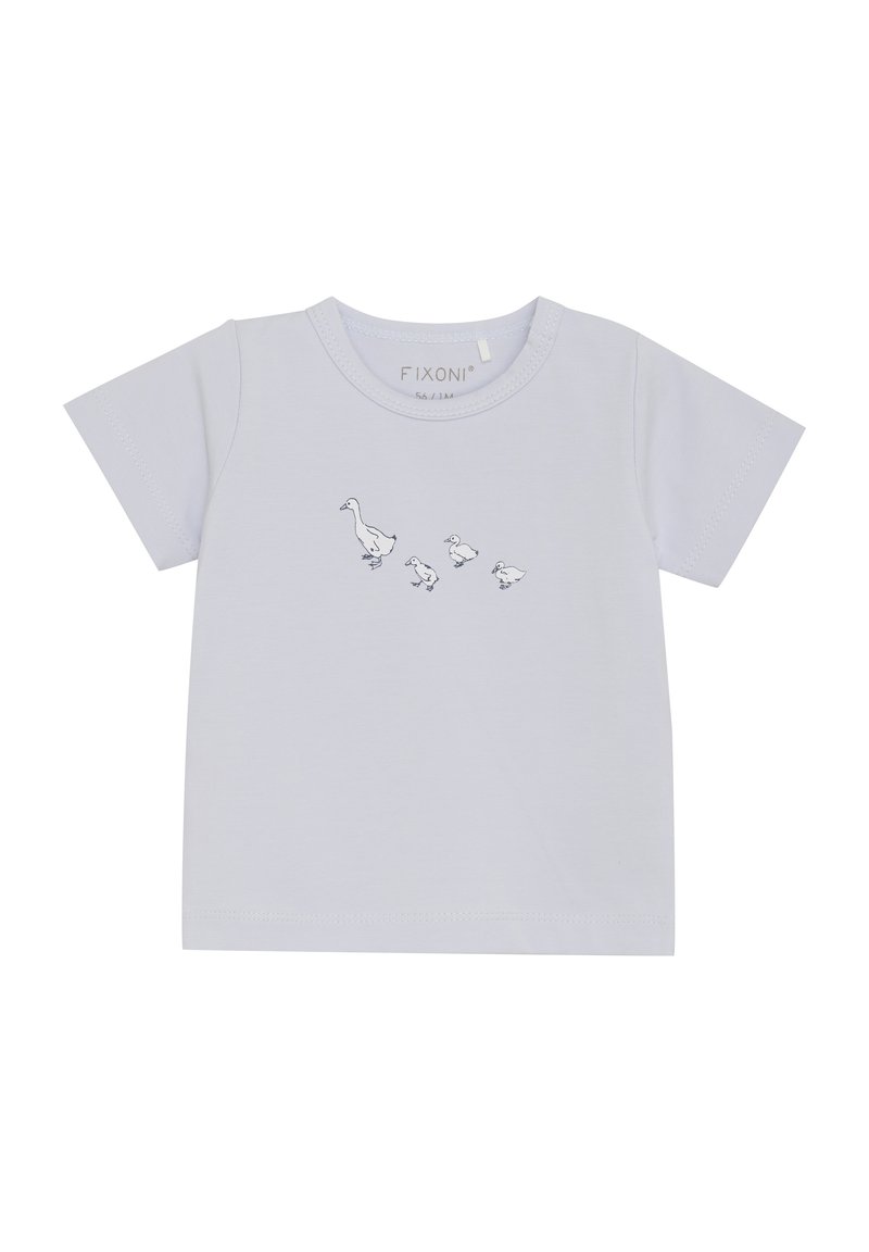 Lys grå t-shirt lavet af bomuld med korte ærmer. Har et trykt design af en ælling og tre ællinger i sort blæk.