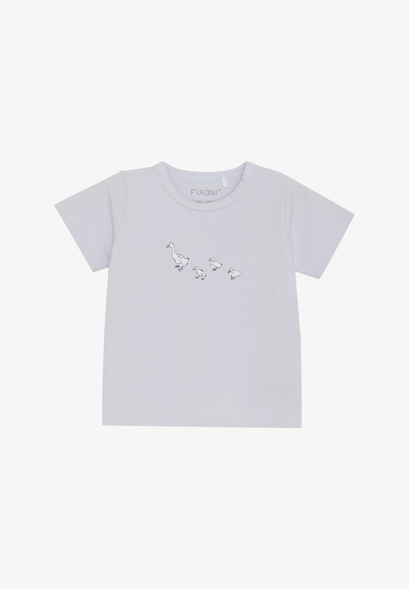 Ljust grå t-shirt av bomull med korta ärmar. Har ett tryckt motiv av en anka och tre ankungar i svart bläck.