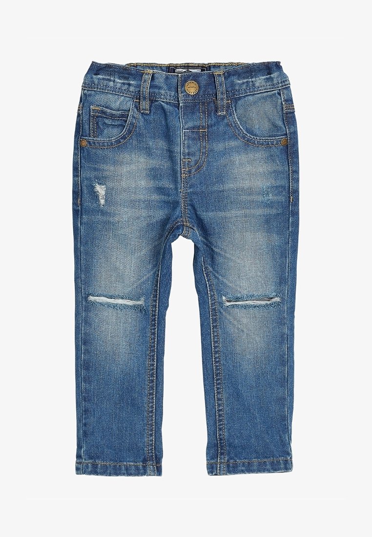 Jean en denim bleu pour tout-petits avec taille élastique, poches avant et légère usure subtile sur les cuisses et les genoux.