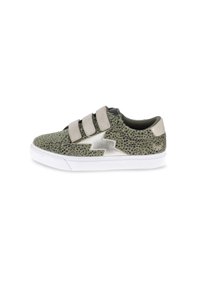 Low-top sneaker with green spotted pattern, metallic lightning bolt design, three beige Velcro straps, and white sole, side view.