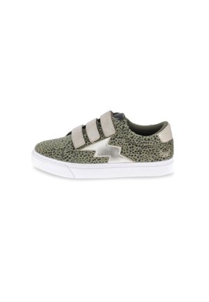Low-top sneaker with green spotted pattern, metallic lightning bolt design, three beige Velcro straps, and white sole, side view.