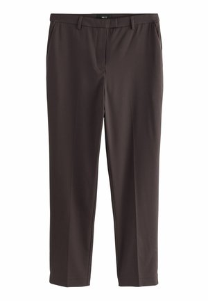 Dark brown trousers made of smooth fabric, featuring a flat front, belt loops, and straight legs for a tailored fit.