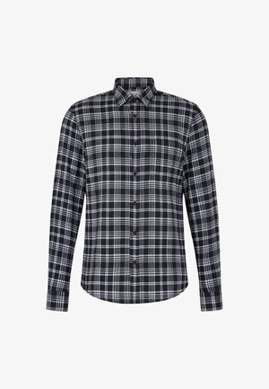 Koszula z długim rękawem w czarno-białą kratkę. Posiada kołnierzyk zapinany na guziki oraz brązowe guziki z przodu. Wykonana z materiału bawełnianego.