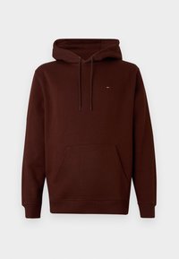 Brown hoodie with a drawstring hood, kangaroo pocket, and ribbed cuffs. Features a small logo on the chest. Made from soft fabric.