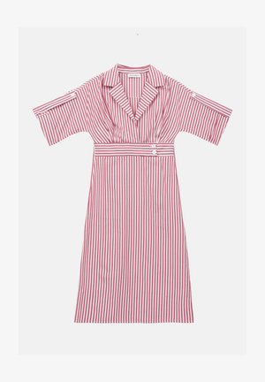 Pruhované šaty s širokými rukávy, límcem a páskem v oblasti pasu se zapínáním na knoflíky. Barvy jsou růžová a bílá s vertikálními pruhy.