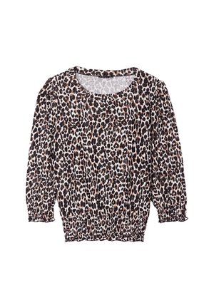 Leopardenmuster-Bluse mit dreiviertel Puffärmeln, elastischem Saum und runder Halslinie in Schwarz-, Braun- und Cremetönen. Weicher Stoff mit angenehmer Haptik.