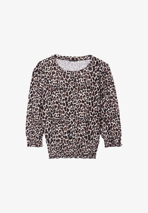 Leopard-print blouse with three-quarter puff sleeves, elastic hem, and round neckline in shades of black, brown, and cream. Soft fabric texture.
