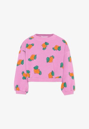 Lila cropped sweatshirt met lange mouwen, met een herhalend patroon van lachend oranje fruit met groene bladeren.