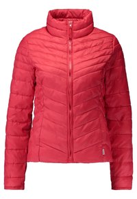 Rød, lynlåslukket dunjakke med høj krave. Har quiltet tekstur og vandrette sømme. Letvægtsmateriale, egnet til lag-på-lag påklædning.