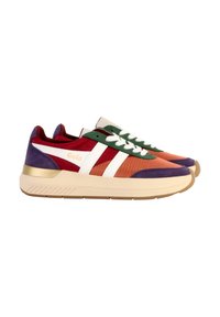 Zapatillas Gola multicolores con parte superior de malla y ante; tonos rojos, verdes y naranjas con rayas blancas y una suela beige; detalles en dorado.
