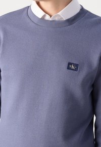 Person som bär en ljuslila texturerad tröja med en liten Calvin Klein Jeans-logotyp på bröstet över en vit skjorta med krage.