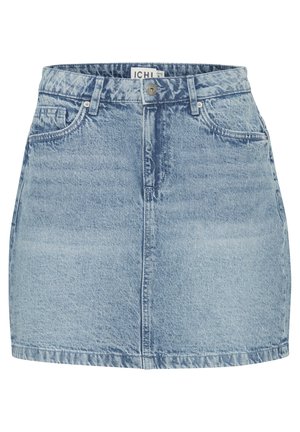 Ljusblå denimkjol med midjeband, framfickor och rak passform. Har en klassisk femficksdesign och diskret textur.